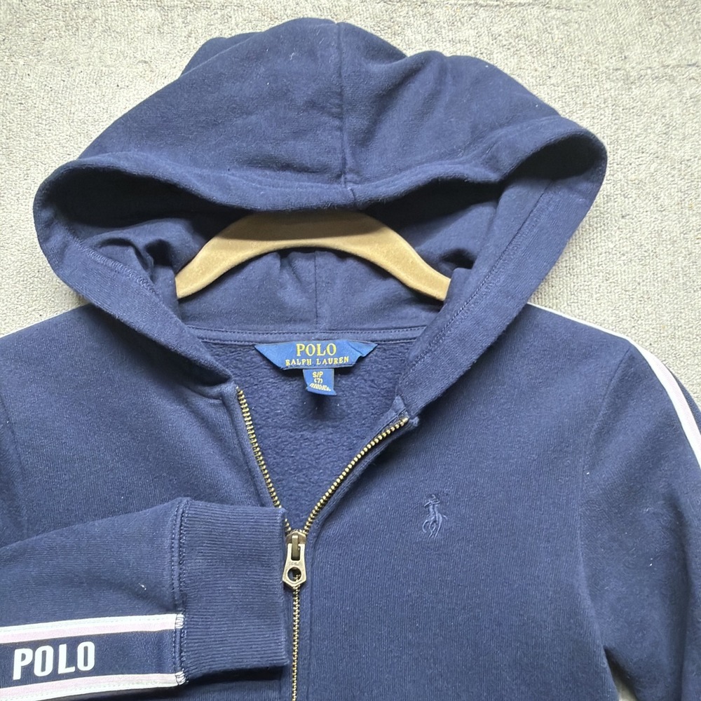 Polo Ralph Lauren Boys Hooded Zip Jacket Navy Stripe Track Style Size 7‎